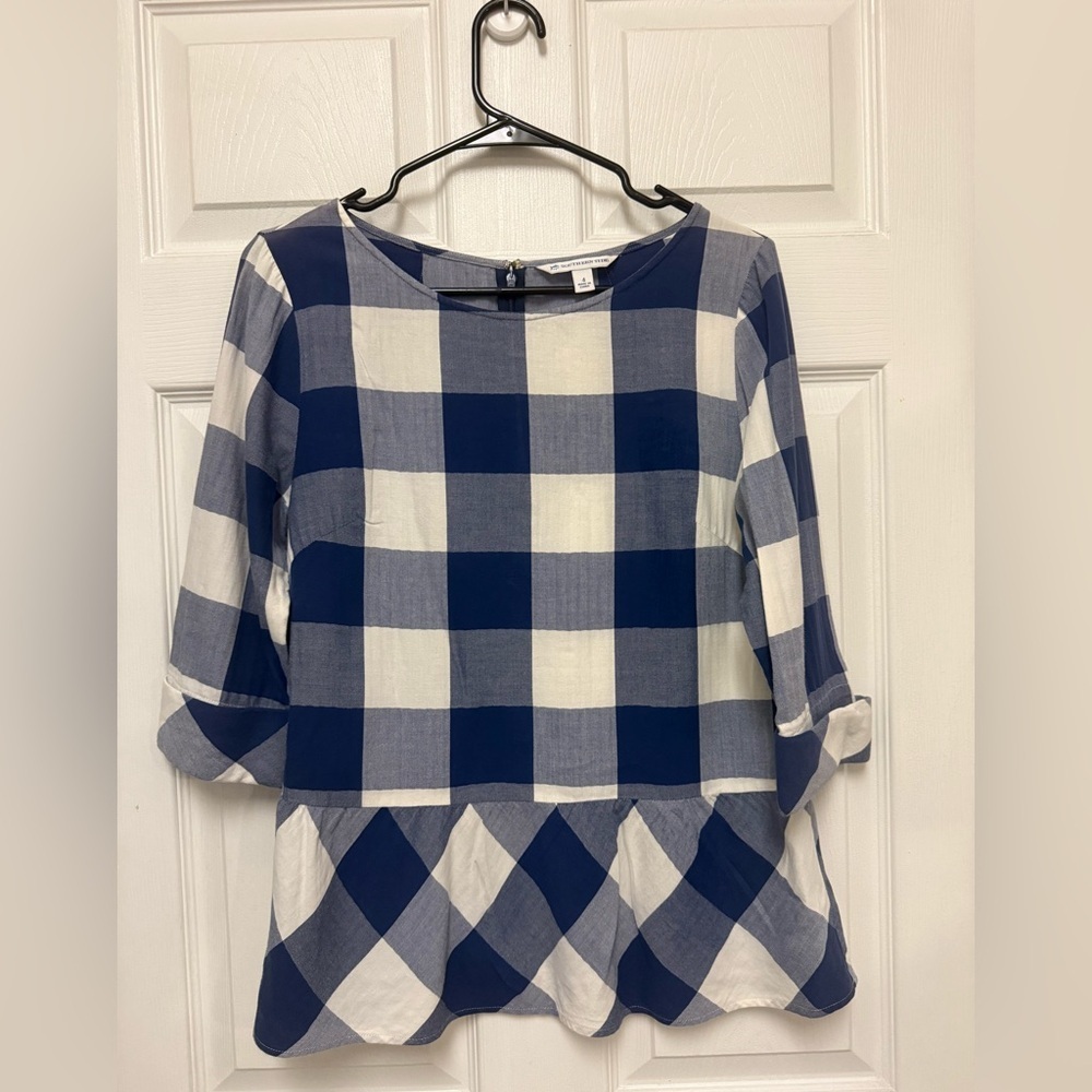 Southern Tide Jillian Peplum Blue Night Plaid Blouse